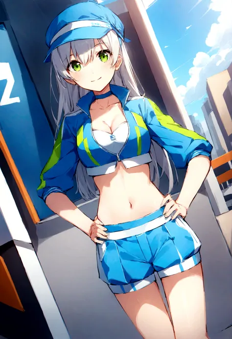 score_9, score_8_up, score_7_up,4k, ,BREAK , (from front,top angle),standing,straight-on,hands on hips,1girl,RACEELIE, HAIRBAND, CHOKER, BLUE HAT, BLUE JACKET, CROPPED JACKET, CLEAVAGE, MIDRIFF, BLUE SHORTS, PLEATED SKIRT,(light smile),(daytime and beachsi...