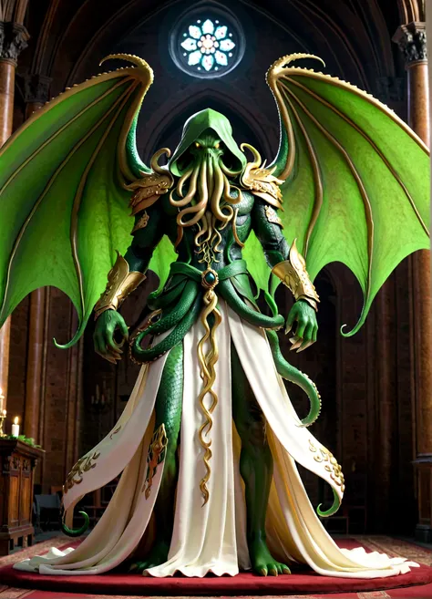 masterpiece, best quality, practical, cthulhu emissary, solitary, in a high-end church, green skin, (paw), the silhouette of hug...