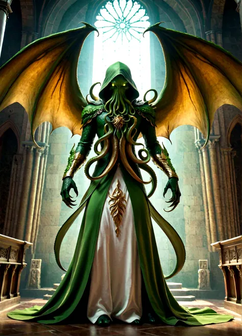 cthulhu emissary, solitary, in a high-end church, green skin, (paw), the silhouette of huge wings, detailed tentacles, the eye o...