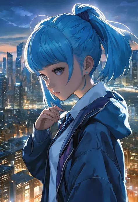 A stunning anime-style illustration of a young female character with bright blue hair, standing proudly against the backdrop of a futuristic cityscape illuminated by the night lights and towering skyscrapers. She is dressed in a pristine blue and white , c...