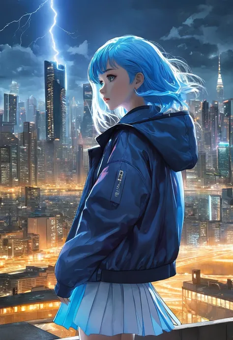 A stunning anime-style illustration of a young female character with bright blue hair, standing proudly against the backdrop of a futuristic cityscape illuminated by the night lights and towering skyscrapers. She is dressed in a pristine blue and white , c...