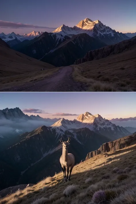 “The mountains have turned purple and the wind is getting colder.”. There is still sun on the tops, pero en las laderas, el atardecer ha hecho un hueco negro. Desde una loma oscurecida, un guanaco muy erguido la mira.”make a collage