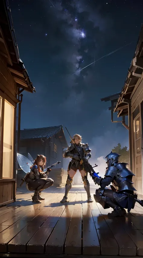 tabletopＲＰＧ、high-detail、(（tchibi：1.2）、Fairy Sniper Night、Sniper rifle lance with a thin and long barrel、outside of house、various colors、thick arms、Thick armored cover thighs、Reinforced armored body、Slim Massive)、Incolor White、Crouching,in fighting