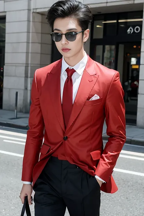 asian male model on the street，and his wedding car，cool red car，slr in hand，suit and tie