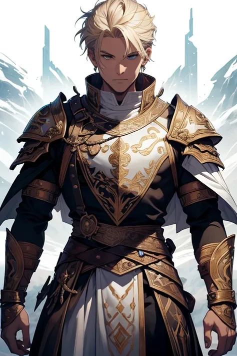 white man, blond hair, brown eyes, short hair, with white clothes, on top of the white clothes he wears armor decorated in black, on his two arms he has bracelets decorated in black, wearing a white cape, the cover has a drawing of a dragon in the middle i...