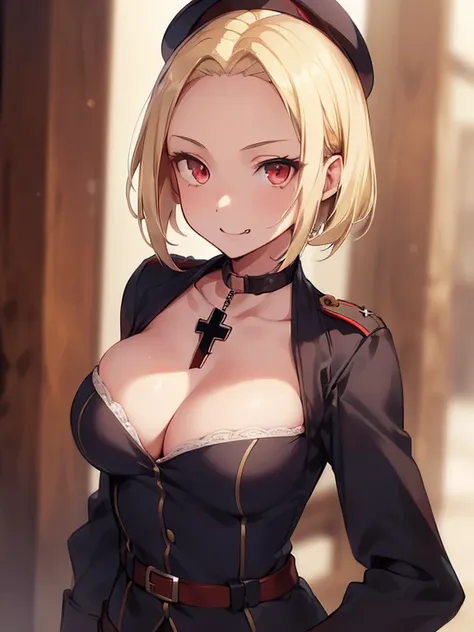 waist up portrait, ss military, german soldier, german officer hat, solo super cute army lady, solo, (((short straight blonde hair))), (((blonde))), (Bring out your forehead:1.2), red eyes, (((cleavage))), fang, evil smile, belt, fit, little cross necklace...