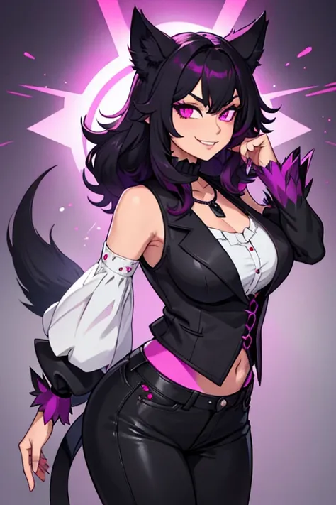 female, black hair with magenta highlights, silver eyes, black wolf ears, black wolf tail, (((1girl))), (((black waistcoat with magenta trim, elbow length sleeves, magenta cuffs and magenta trim))), (white shirt), (black skinny jeans), (detachable coattail...