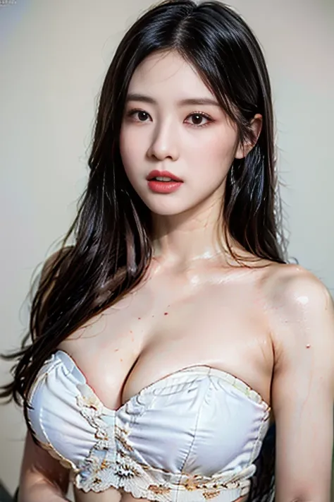 ((Best quality, 8k, Masterpiece :1.3)), Sharp focus :1.2, A pretty woman with perfect figure :1.4, Slender abs :1.2, ((straight black hair)), (puffed big breast, ample cleavage, soft skin), Highly detailed face and skin texture, wearing strapless cotton la...