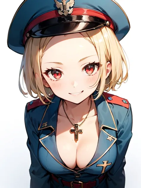  ss military, german soldier, german officer hat, solo super cute army lady, solo, (((short straight blonde hair))), (((blonde))), (Bring out your forehead:1.2), red eyes, (((cleavage))), evil smile, belt, fit, little cross necklace, beautiful, masterpiece...