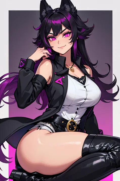 female, black long hair with magenta highlights, silver eyes, black wolf ears, black wolf tail, (((1girl))), (((black waistcoat with magenta trim, elbow length sleeves, magenta cuffs))), (white shirt), (black jeans), (white knee high boots with magenta tri...