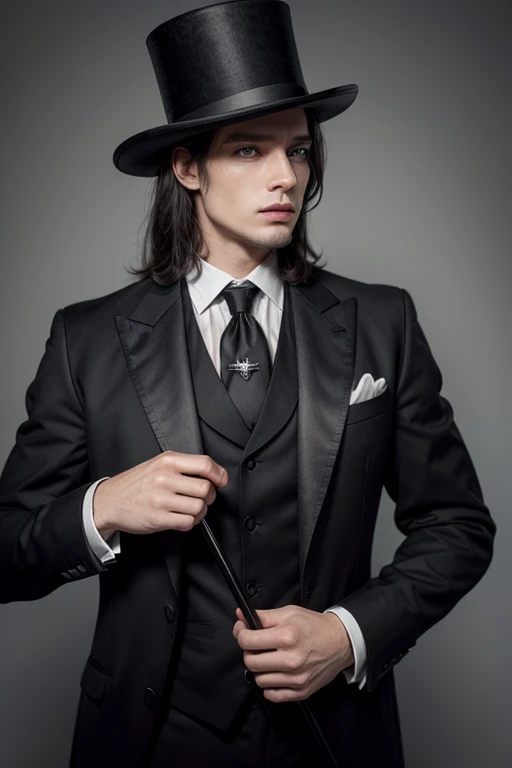 Hombre Gentleman with black suit and tie and a 1912 top hat and a cane pelo largo