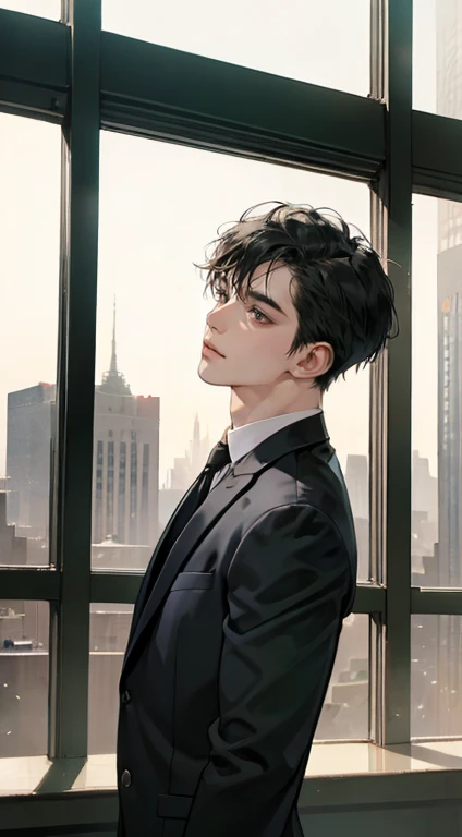 ((One man with a black suit and tie)), New York City, gotham, alejandro, he looks very sophisticated, (((left-side swept black short hair))), (dark green eyes and thick eyebrows), smirk, ((20 years old)), ((masterpiece)), posture dynamic,