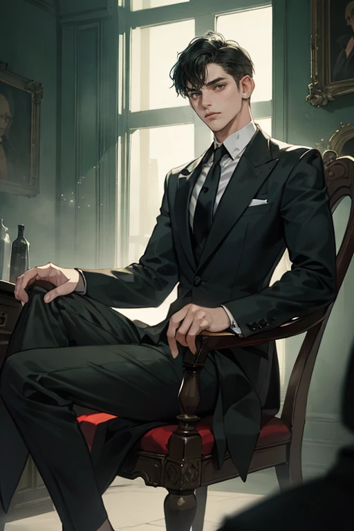 ((One young man with a black suit and tie)), gotham, alejandro, (((side swept dark short hair))), (dark green eyes and thick eyebrows), smirk, ((20 years old)), ((masterpiece)), posture dynamic, ((cinematic lighting)), (height tall around 5 foot 6), sittin...