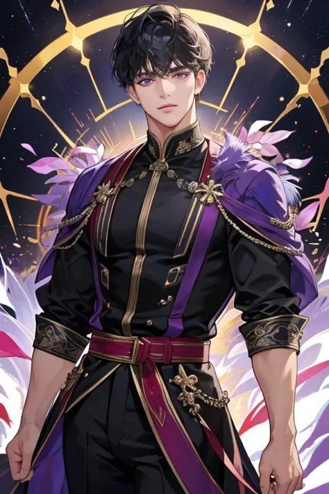 Masterpiece, highres, finely details, male, short hair, black hair, with bangs, purple eyes, black clothes.