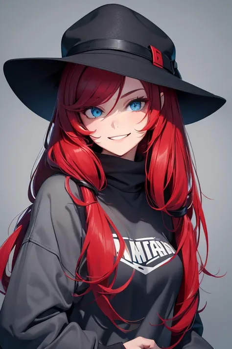 make a beautiful woman with medium long hair, red hair, blue eyes, her clothes are a black sweatshirt, her sweatshirt has blue lines on it, she wears a black hat, and she is smiling, the background is greenish gray