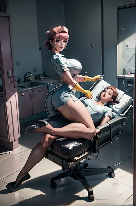 nurse uniform,hospital, latex nurse suit,nurses,busty,elbow gloves,labcoat,grey hair woman,grey eyes , gigantic ,medical instruments,asian nurse,two nurses,speculum,examination room,oversize ,big ass ,strap on, lay on table ,legs spreaded,giving birth,gyno...