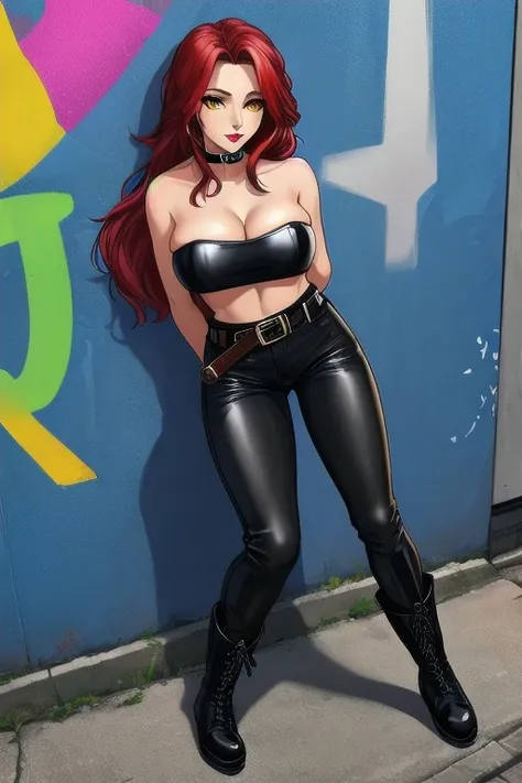 1girl, alone, a 28-year-old woman, pale skin, eyeshadow, red lipstick, ((Wearing: Strapless leather top, tight black pants, belt and leather boots:1.2)), midriff, big breasts, cleavage, she has long red hair, yellow colored eyes, standing, shes looking at ...