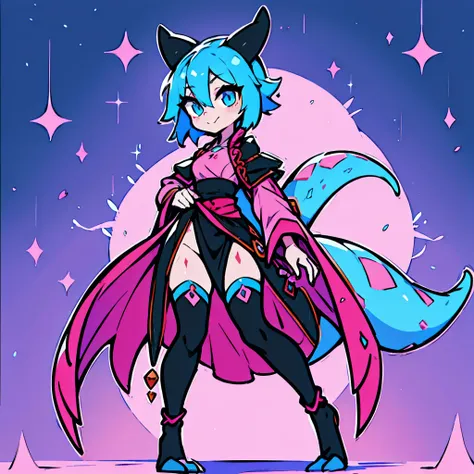 lizard woman wearing a fantasy pink mage robe, small breasts, cute face, blue hair and blue eyes, full body, thin waist, kobold,...