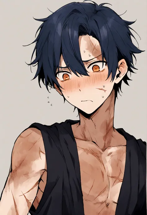 boy, man, male, navy blue hair, short hair, orange eyes, scars all over his body, uses basic clothes, nervous expression