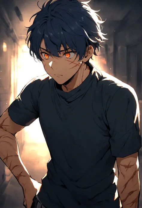 boy, man, male, navy blue hair, short hair, orange eyes, scars all over his body, uses basic clothes, confused expression