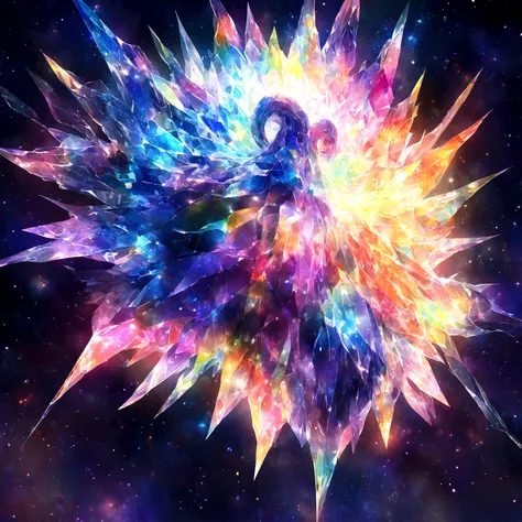 A colorful crystal lamb stands in the starry sky of the universe