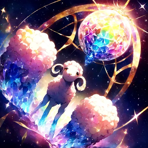 A colorful crystal lamb stands in the starry sky of the universe