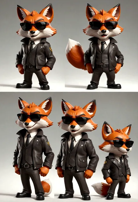 gray middle-age cartoon fox character, leather jacket, mafia, multiple poses and expressions, 4 poses, cool face, full body, simple, artist, full color, 3d model, light and shadow, suit clothes, boss, flat color, white background, black sunglasses