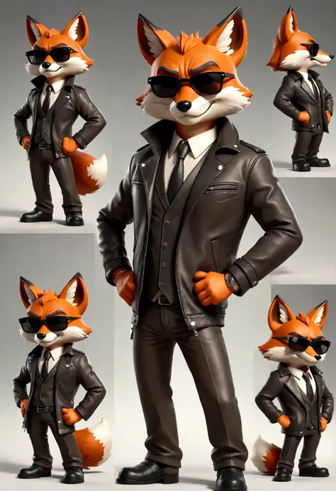 gray middle-age cartoon fox character, leather jacket, mafia, multiple poses and expressions, 4 poses, cool face, full body, simple, artist, full color, 3d model, light and shadow, suit clothes, boss, flat color, white background, black sunglasses