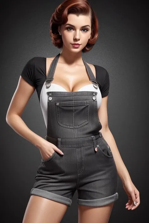 Gorgeous european woman with very short hair, short 50s pinup hair, wet hair, hair slicked back, combed straight back, slick hair, streaked auburn hair, seductive, 50s girl in dungaree, dirty, oily, cleavage, solid dark grey background