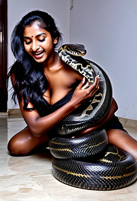 Happy Horny, aroused 1girl), beautiful kneeling Indian teen girl with black giant snake python squeezing her hard, wrapped in thick spiraling coils, constricted, struggle, gasping for air, snake attack, snake peril, moonless night, dim light