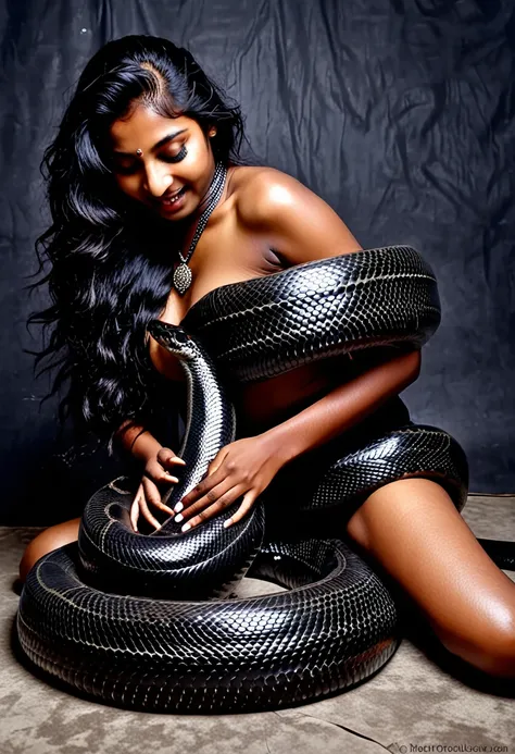 Happy Horny, aroused 1girl), beautiful kneeling Indian teen girl with black giant snake anaconda  squeezing her hard, wrapped in thick spiraling coils, constricted, struggle, gasping for air, snake attack, snake peril, moonless night, dim light