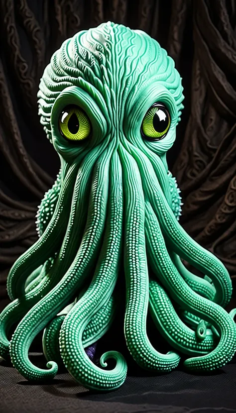 plush toy, cthulhu, the great terrifying ancient one, small and cute, highly detailed, hyper realistic, 8k, 3d render, photorealistic, studio lighting, intricate, adorable, soft, fluffy, cuddly, tentacles, tentacle monster, eldritch horror, cosmic horror, ...