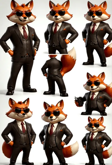 fox old big belly boss, Mens 2 Piece Suit, cartoon fox character, leather jacket, mafia, multiple poses and expressions, 4 poses, cool face, full body, simple, artist, full color, 3d model, light and shadow, suit clothes, boss, flat color, white background...