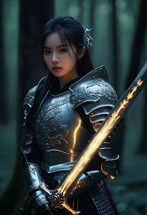 best quality, 8k, very delicate and beautiful, highly detailed face and skin texture, shiny skin, high resolution, cute asian girl in armor holds a sword in her hand in forest at night, sharp focus