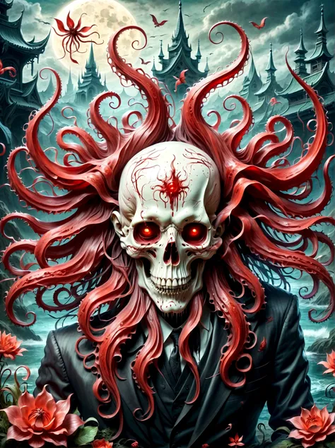 Bloody Cthulhu，Flower of the other shore is charming，Mysterious Manzhu Shahua，hell门口盛开的血色鬼花，Blood-red tentacles guide the souls of the past，charm，Flirtatious，Strange，Gothic style，hell，Fantastic Creatures，Devilish scenery，Unforgettable environment，hell般的气氛，...