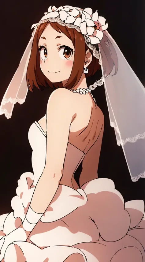 ochaco_uraraka, 1girl, open_mouth, looking_at_viewer, smile, (best quality,8k,highres,masterpiece:1.2), ultra-detailed, (realistic,photorealistic,photo-realistic:1.37), detailed face, delicate eyes, high resolution, close-up of beautiful bride wearing beau...