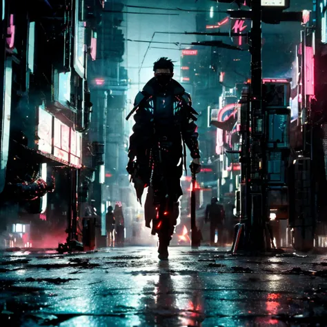 (rule of thirds),((ultra realistic illustration:1.3)).(dark sci-fi),(cyberpunk:1.3). A cold, gritty dystopic mega city at((night)), a gloomy place of despair, brutalism. A cybernetic ninja, a 25 yo Japanese man, with a ponytail, choppy bangs, a red cyberne...