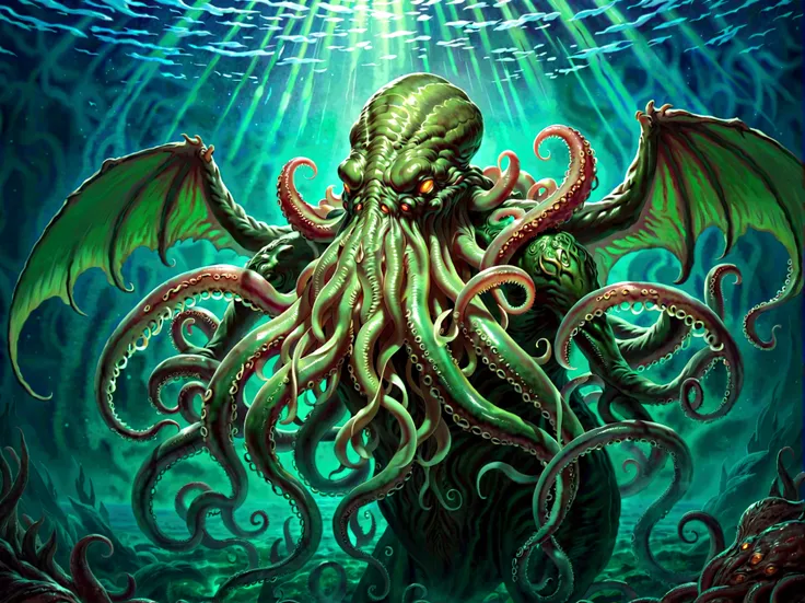 (cthulhu:1.5),dark fantasy,horror,occult,mysterious,eldritch,creature,deep sea,tentacles,glowing eyes,dark colors,dramatic light...