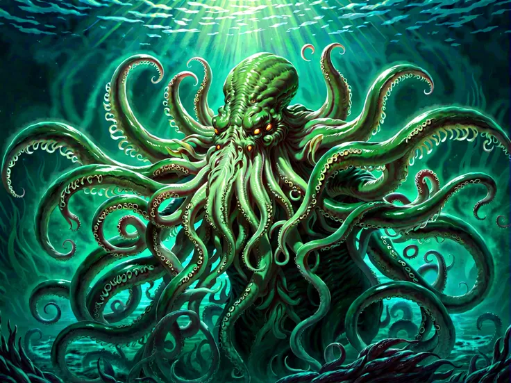 (cthulhu:1.5),dark fantasy,horror,occult,mysterious,eldritch,creature,deep sea,tentacles,glowing eyes,dark colors,dramatic light...