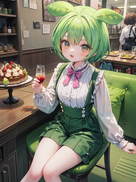 masterpiece, highest quality, Very detailed, 16k, Ultra-high resolution, 12-year-old girl, Detailed face, Perfect Fingers, Anatomically correct, zundamon, White blouse, Green shorts, suspenders, Western-style building, canteen, Chair, sit