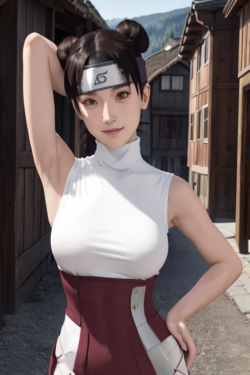 masterpiece, absurdres , (intricate details), (colorful),cinematic lighting,bust shot,extremely detailed CG unity 8k wallpaper,tenten(shippuden), 1girl, solo, ((white sleeveless turtleneck)), (large breasts), hand on hip,forehead protector, konohagakure sy...