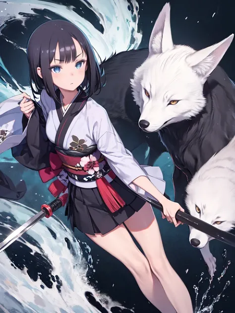 1 girl,kimono,Long black hair,Holding a long stick in each hand,Short skirt,blue eyes,prepares to attack,Behind him is a white fox holding a knife,High resolution,detailed,4K,Clear facial contours