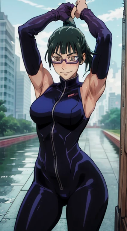 (melhor qualidade:1.3), (qualidade 4K), Maki Zenin by jujutsu no kaisen, ((detailed face)),((smile)), ((curvy body)), (peitos grandes), sexy, (( ponytail hair)), ((body suit clivagem, sleeveless)), ((city)), arms up, armpits visible, wearing glasses