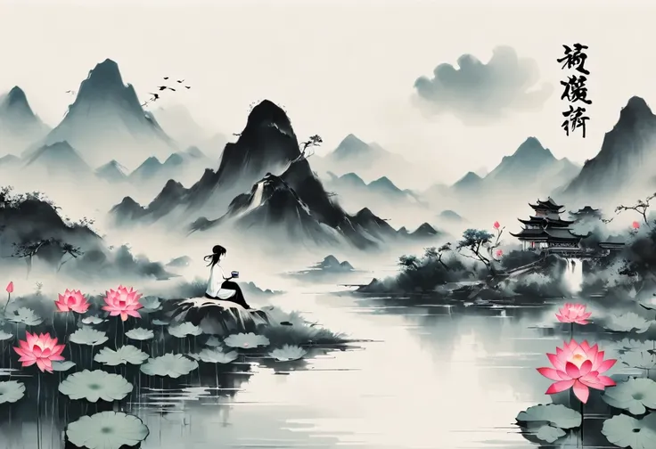 大量留White，White, White色背景, simple, Minimalism, Abstract,Freehand，Aesthetic，黑与White，Ink Painting，Lotus，Mountain，Girl drinking tea in the distance