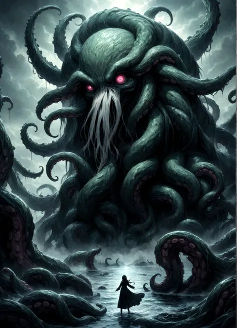 a dark fantasy scene depicting the terrifying creature cthulhu,emerging from the abyss. the monstrous figure,shrouded in shadows...