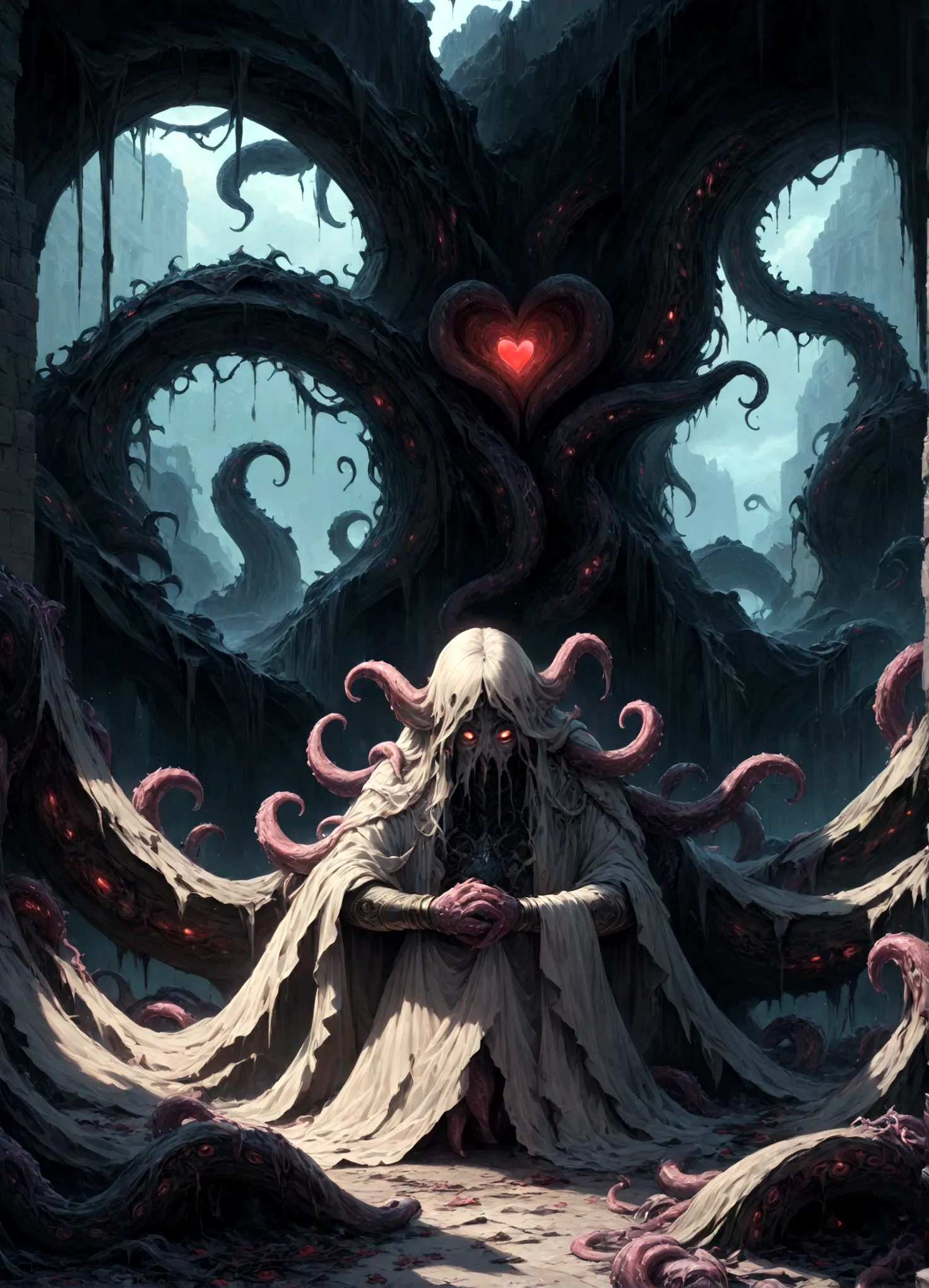 a dark fantasy scene depicting the terrifying creature cthulhu,emerging from the abyss. the monstrous figure,shrouded in shadows...