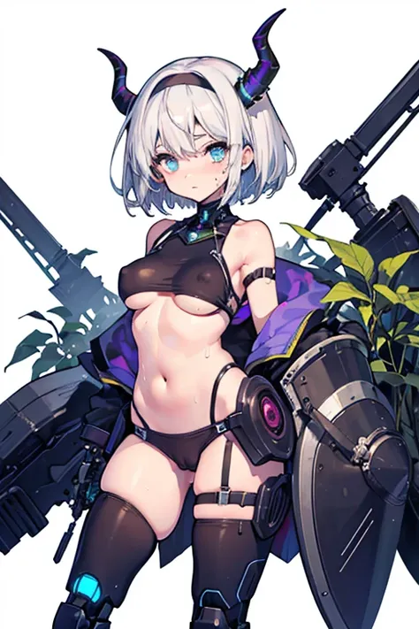 1 girl, high quality, (short hair), forehead, (medium breast), (straps on thighs:1.3), white background, plants, (stocking), (sweaty:1.1), (nipples:0.8), thick thighs, (middle Ages:1.2), (cameltoe:1.1), suit, stomach, (cyborg:1.2), (armor), white hair, hai...