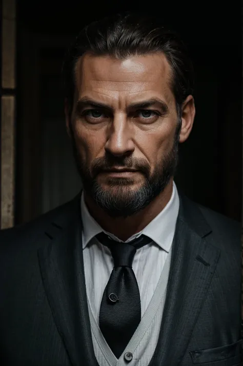 (tight portrait). (bel homme). (50 ans). (muscle). (yeux verts). (cheveux courts noirs). (barbe grise). (black three piece suit). (dim light). (fond sombre). (maison ancienne).