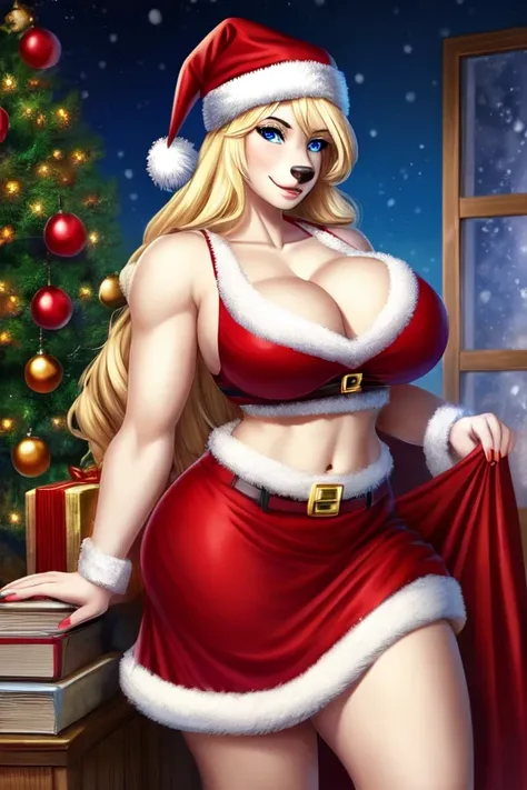  Blonde polar bear woman, wearing a backless Santa dress, ((best quality)), ((masterpiece)), (detailed), perfect face, blue eyes, big breasts, cleavage, midriff, Santa skirt