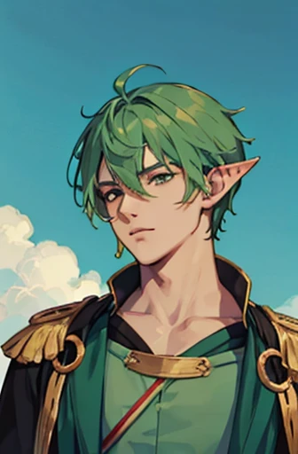 Generates anime-style images of men with pointy ears and dark skin, He has green hair and wears clothing typical of the Middle Ages.